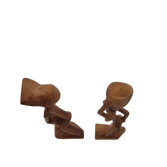 2 African Tribal Art Hand Carved Wood Figures Woman Pot on Head Man w/ Drum 12" - Picture 5 of 10